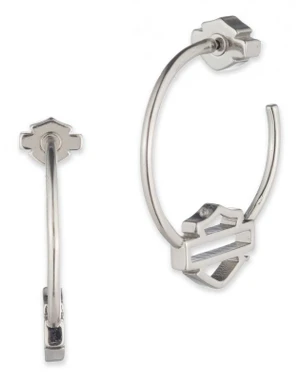 Harley-Davidson® Women's 30mm Open Bar & Shield Hoop Earrings, Silver Brass