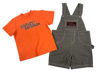 Harley-Davidson Baby Boys' 2-Piece Infant Canvas Shortall w/ Tee, Orange/Tan - Wisconsin Harley-Davidson