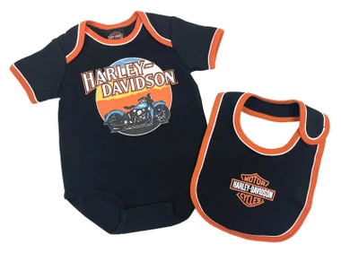 Harley-Davidson Baby Boys' Short Sleeve Newborn Creeper & Bib Set, Black/Orange - Wisconsin Harley-Davidson