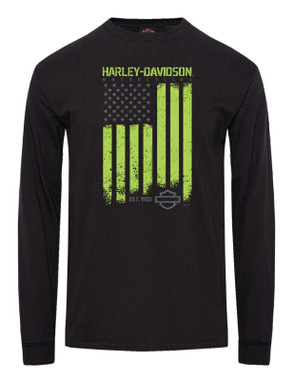 Harley-Davidson Men's Ruled Distressed Flag Long Sleeve Cotton Shirt, Black - Wisconsin Harley-Davidson