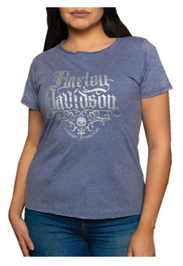 Harley-Davidson Women's Blackletter Scoop Neck Short Sleeve Poly-Blend Tee, Navy - Wisconsin Harley-Davidson