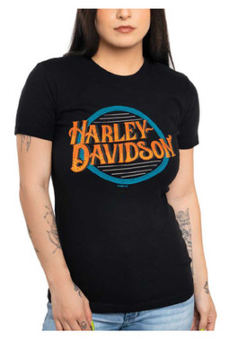 Harley-Davidson Women's Bling Liners Neon Crew-Neck Short Sleeve Tee, Black - Wisconsin Harley-Davidson