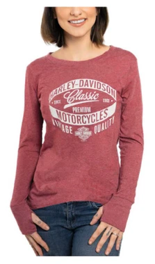 Harley-Davidson Women's Uncanny Long Sleeve Shirt w/ Thumbholes, Dark Red - Wisconsin Harley-Davidson