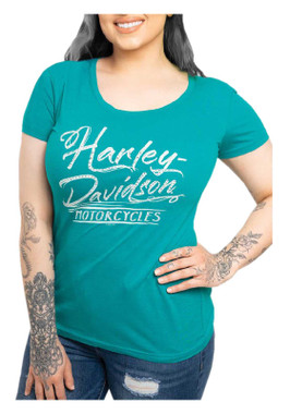 Harley-Davidson Women's Streaks Rhinestone Round Neck Short Sleeve Tee, Jade - Wisconsin Harley-Davidson