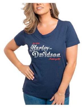 Harley-Davidson Women's Fancy Retro Metallic Short Sleeve Cotton Tee, Indigo - Wisconsin Harley-Davidson
