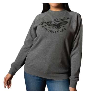 Harley-Davidson Women's Drawn Eagle Poly-Blend Pullover Fleece Sweatshirt, Gray - Wisconsin Harley-Davidson
