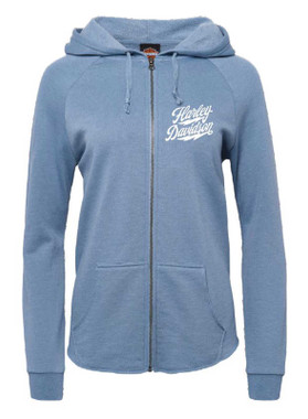 Harley-Davidson Women's Quickdraw Zip-Up Raw-Edge Hoodie, Misty Blue - Wisconsin Harley-Davidson
