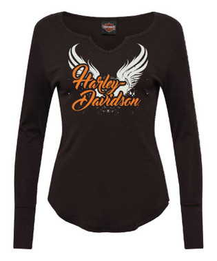Harley-Davidson Women's Bagger Long Sleeve V-Neck Tee w/ Thumbholes, Black - Wisconsin Harley-Davidson