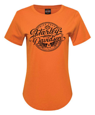 Harley-Davidson Women's Stamp Curved Hem Short Sleeve Crew-Neck Tee, Orange - Wisconsin Harley-Davidson