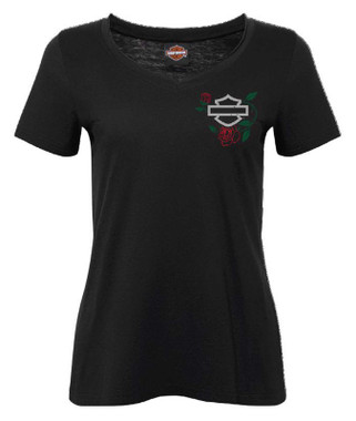 Harley-Davidson Women's Thicket Foil V-Neck Short Sleeve Raw-Edge Tee, Black - Wisconsin Harley-Davidson