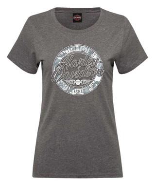 Harley-Davidson Women's Obscure Curved Hem Short Sleeve Scoop Neck Tee, Charcoal - Wisconsin Harley-Davidson