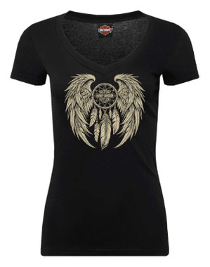 Harley-Davidson Women's Weaver B&S Short Sleeve V-Neck Cotton Tee, Black - Wisconsin Harley-Davidson