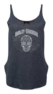 Harley-Davidson Women's Calavera Foil Fullback Curved Hem Sleeveless Tank Top - Wisconsin Harley-Davidson
