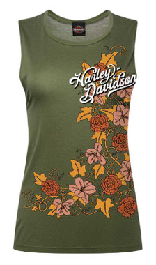 Harley-Davidson Women's Interlace Floral Fullback Muscle Tank Top, Green - Wisconsin Harley-Davidson