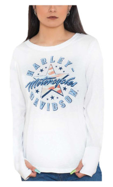 Harley-Davidson Women's Patriotic Star Long Sleeve Shirt w/ Thumbholes, White - Wisconsin Harley-Davidson