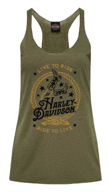Harley-Davidson Women's Yee Haw Rhinestone Sleeveless Racerback Tank Top, Green - Wisconsin Harley-Davidson