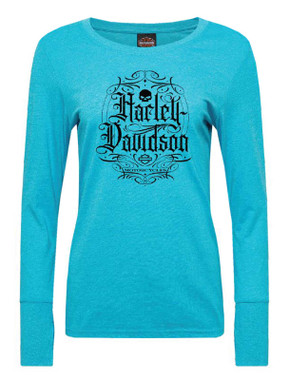 Harley-Davidson Women's Filigree Long Sleeve Scoop Neck Tee w/ Thumbholes, Jade - Wisconsin Harley-Davidson
