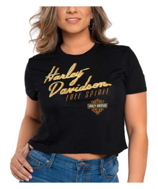 Harley-Davidson Women's Palm Life Crew Neck Short Sleeve Crop Top Tee, Black - Wisconsin Harley-Davidson