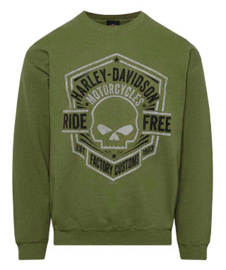 Harley-Davidson Mens Deception Willie G Skull Crew-Neck Pullover, Military Green - Wisconsin Harley-Davidson