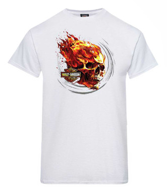 Harley-Davidson Men's Spark Flaming Skull Crew-Neck Short Sleeve T-Shirt, White - Wisconsin Harley-Davidson