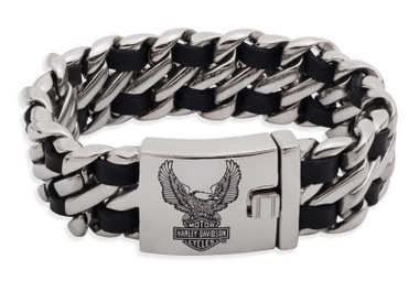 Harley-Davidson Men's B&S Flying Eagle Leather Stainless Steel Curb Bracelet - Wisconsin Harley-Davidson