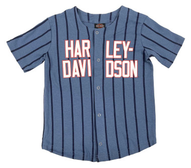 Harley-Davidson Boys' Striped Button Short Sleeve Baseball Shirt, Blue - Wisconsin Harley-Davidson