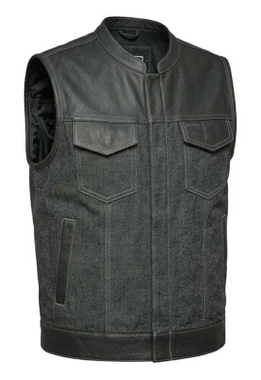 UNIK Men's Hybrid White Cotton Denim & Cowhide Leather Club Motorcycle Vest - Wisconsin Harley-Davidson