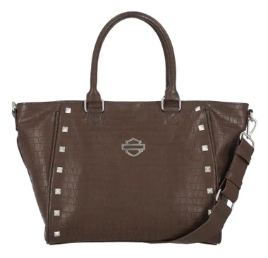Harley-Davidson Women's Croco Embossed Shoulder Strap Satchel Purse, Brown - Wisconsin Harley-Davidson