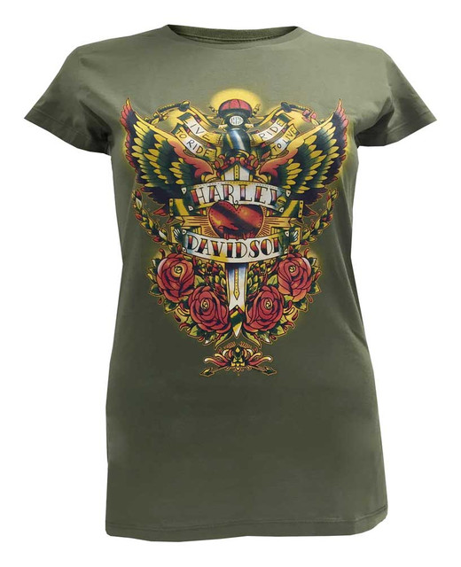 Harley-Davidson Womens Juniors Short Sleeve Tee, Old School Winged Dagger, Green - Wisconsin Harley-Davidson