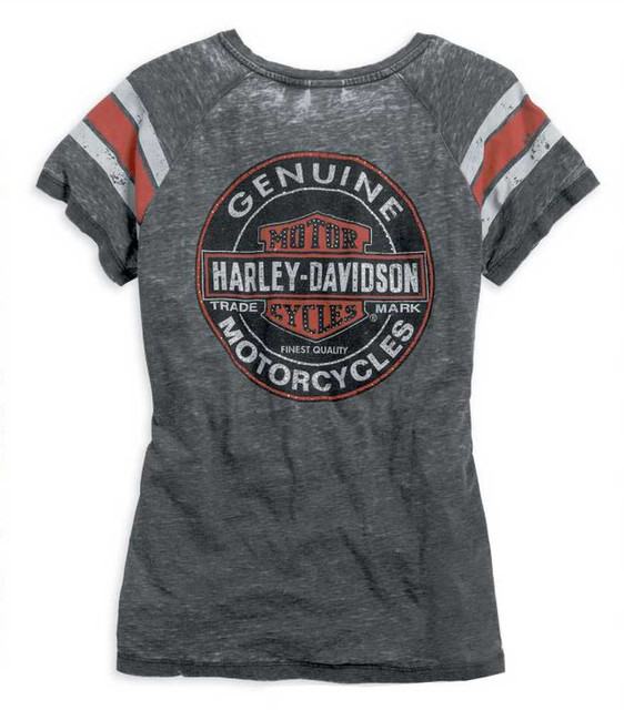 Harley-Davidson® Womens V-neck Genuine Oil Can Burnout Tee Grey