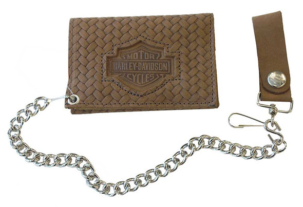 Harley-Davidson Men's Basket Weave Tri-fold Biker Chain Wallet Brown CH338 - Wisconsin Harley-Davidson