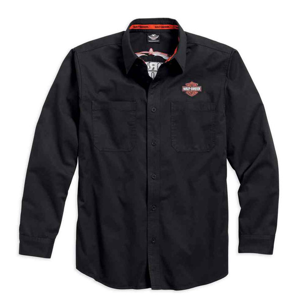 Harley-Davidson Men's Pinstripe Flames Woven Long Sleeve Shirt, Black 99048-16VM - Wisconsin Harley-Davidson