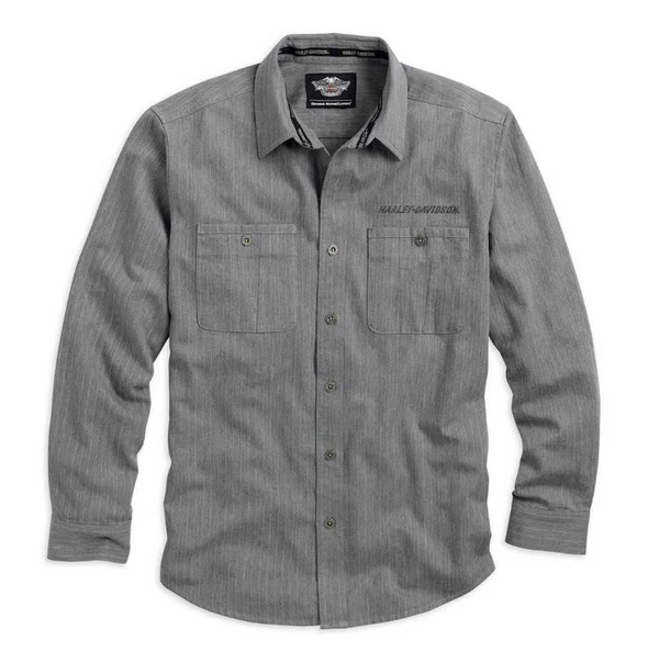 Harley-Davidson Men's Woven Shirt, H-D Embroidered Long Sleeve, Gray 96794-15VM - Wisconsin Harley-Davidson