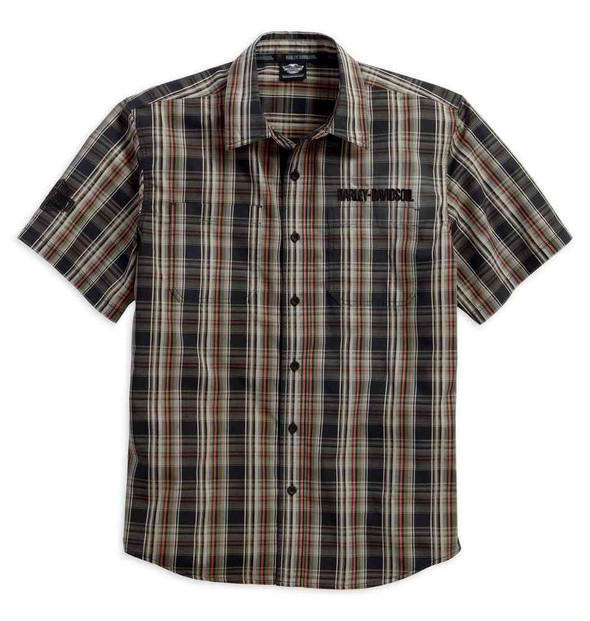 Harley-Davidson Men's Cotton Plaid Short Sleeve Shirt, Black/Tan. 99013-16VM - Wisconsin Harley-Davidson