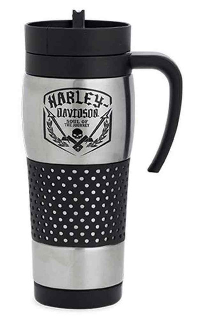 Harley-Davidson Skull Stainless Steel Travel Mug 16 oz., Black/Silver. 96862-16V - Wisconsin Harley-Davidson