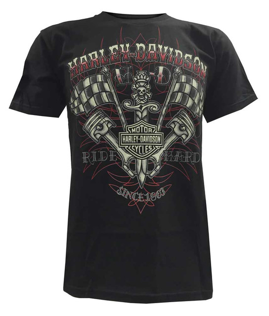 Harley-Davidson Men's Short Sleeve Tee, Pinstriped Pistons Graphic, Black - Wisconsin Harley-Davidson