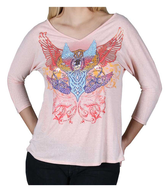 Harley-Davidson Women's 3/4 Sleeve Shirt, Embellished Retro Triple Wings, Peach - Wisconsin Harley-Davidson