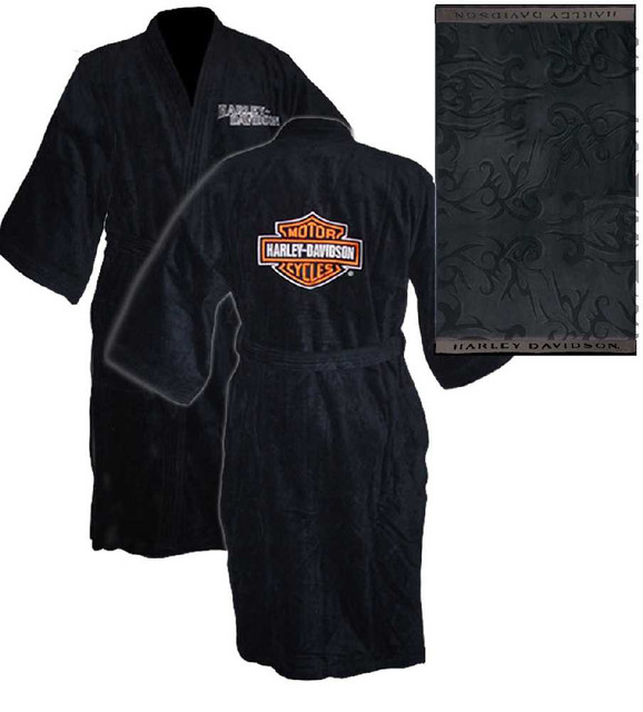 Harley-Davidson Unisex Black Kimono Robe Bathrobe w/ Bath Towel 6055 - Wisconsin Harley-Davidson