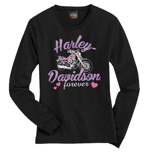 Harley-Davidson Little Girls' Tee, Long Sleeve Glitter Bike Shirt, Black 1530585 - Wisconsin Harley-Davidson