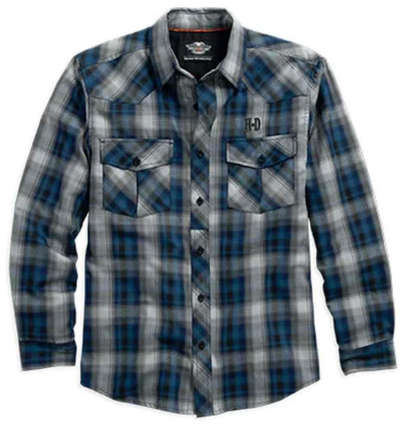 Harley-Davidson Men's Wrinkle-Resistant Plaid Woven Shirt, Grey/Blue. 96055-16VM - Wisconsin Harley-Davidson