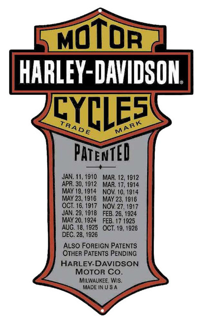 Harley-Davidson Patented Dates Tin Metal Sign 11 x 18 Inches 2010181 - Wisconsin Harley-Davidson
