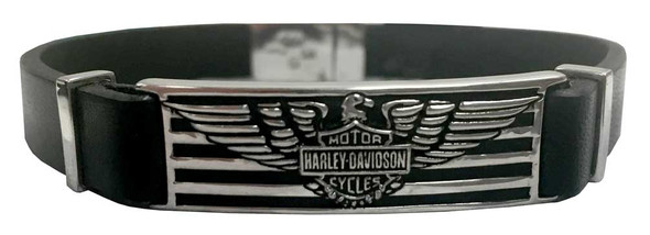 Harley-Davidson Men's Eagle & Stripes Bracelet, Black Leather HDB0349-8 - Wisconsin Harley-Davidson