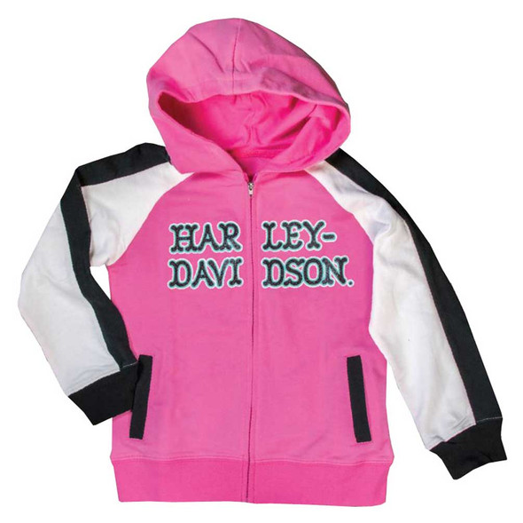 Harley-Davidson Big Girls' Glittery Raglan Hooded Sweatshirt, Pink 6541607 - Wisconsin Harley-Davidson