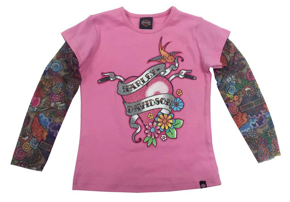 Harley-Davidson Little Girls' Glittery Tee w/ Mesh Tattoo Sleeves 1020611 - Wisconsin Harley-Davidson