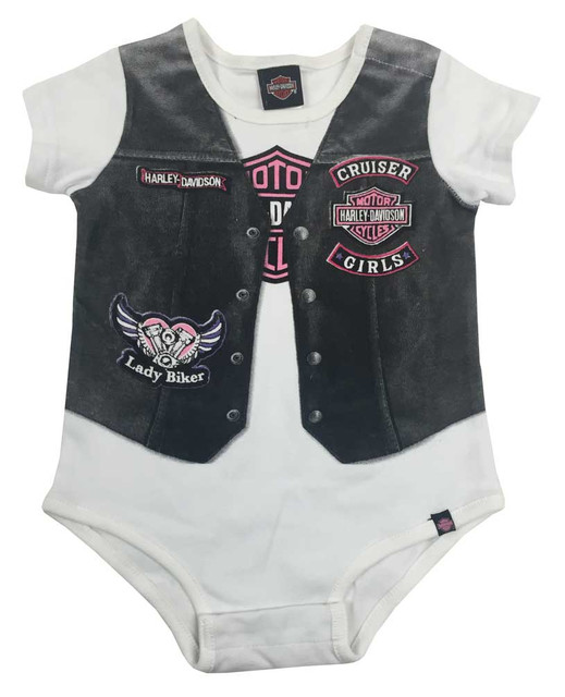Harley-Davidson Baby Girls' Printed-On Motorcycle Vest Newborn Creeper, 3000627 - Wisconsin Harley-Davidson
