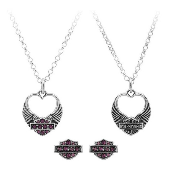 Harley-Davidson Womens Winged Heart Necklace & Earrings Gift Set, Purple HDS0003 - Wisconsin Harley-Davidson