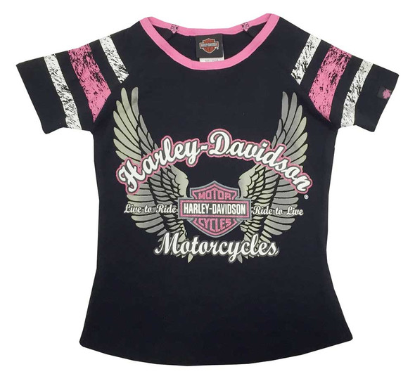 Harley-Davidson Little Girls' Glittery Winged B&S Sporty Tee, Black/Pink 1020569 - Wisconsin Harley-Davidson
