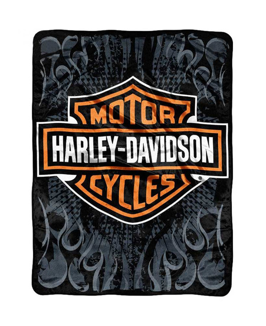 Harley-Davidson Micro Raschel Blanket, Burn Flames Bar & Shield, Black NW269187 - Wisconsin Harley-Davidson