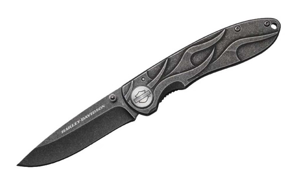 Harley-Davidson TecX TK-B Distressed Stainless Knife, Flaming B&S Logo 52114 - Wisconsin Harley-Davidson