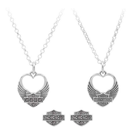 Harley-Davidson Womens Winged Heart Necklace & Earrings Gift Set, Silver HDS0004 - Wisconsin Harley-Davidson